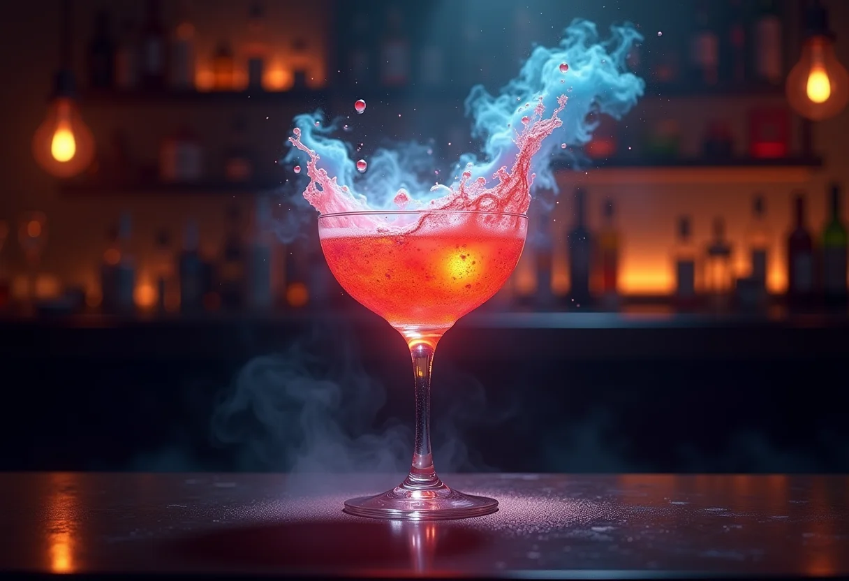 Copo de cocktail transbordando com nebulosas, representando a influência do álcool nos sonhos.