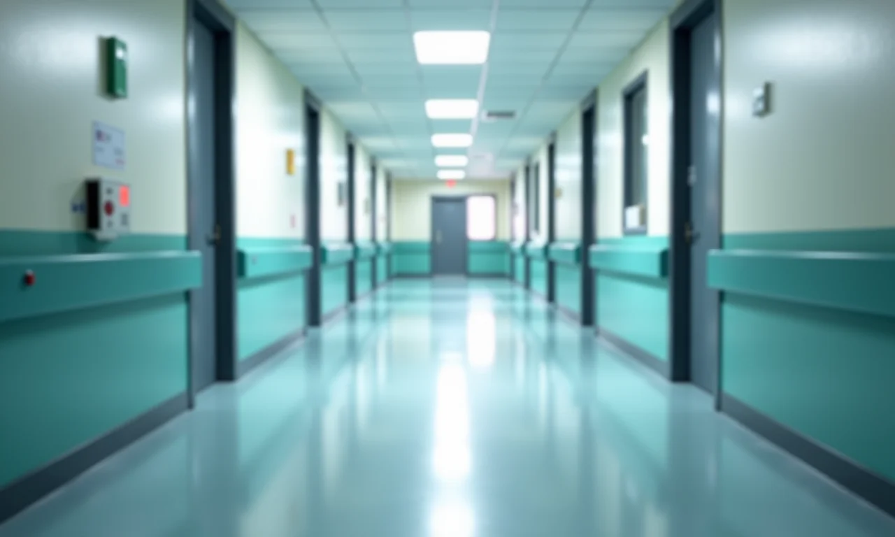 Corredor de hospital vazio com luz natural.