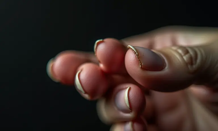 Detalhe da mão de uma mulher com uma unha se desprendendo, foco na separação da unha da pele.