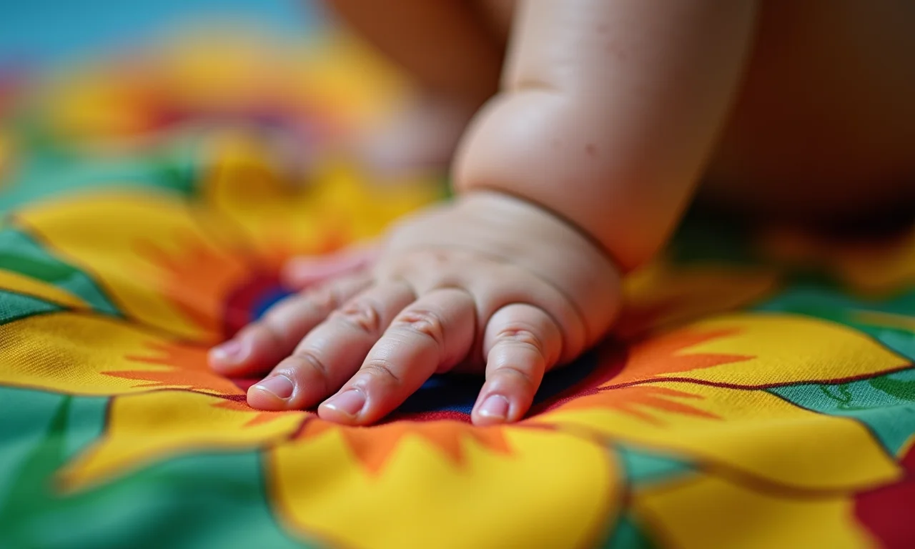 Detalhe de mão de bebê tocando tecido molhado com estampa brasileira.