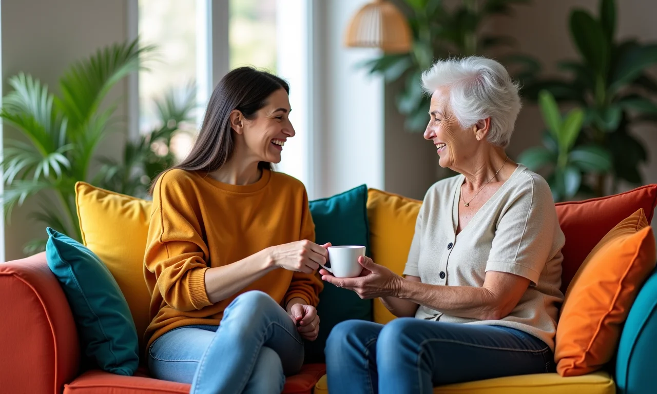 Duas mulheres conversando em um sofá, representando o sonho com outra pessoa menstruada.