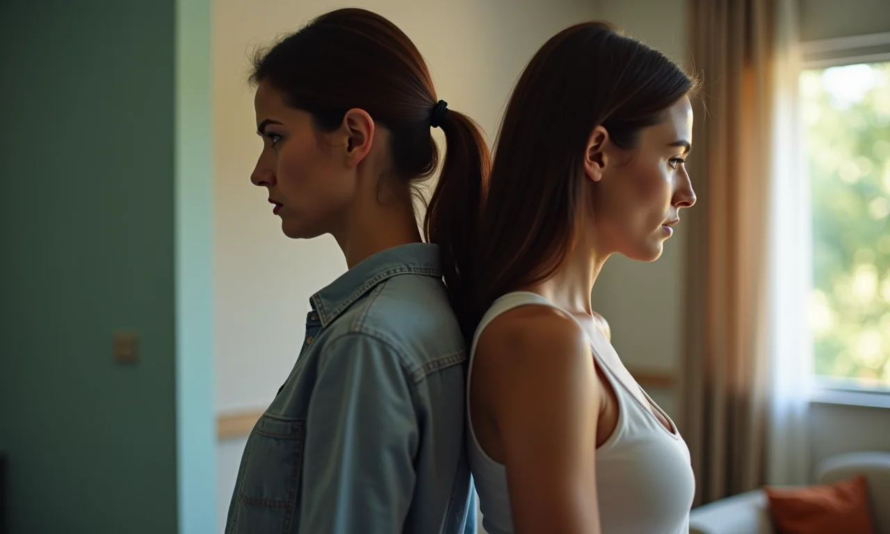 Duas mulheres de costas uma para a outra, representando relação conflituosa.