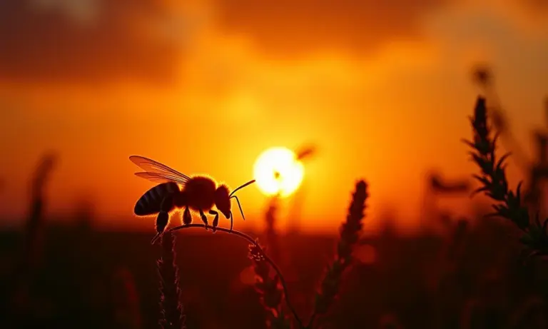 Enxame de abelhas contra o pôr do sol, representando sonhos com abelhas.