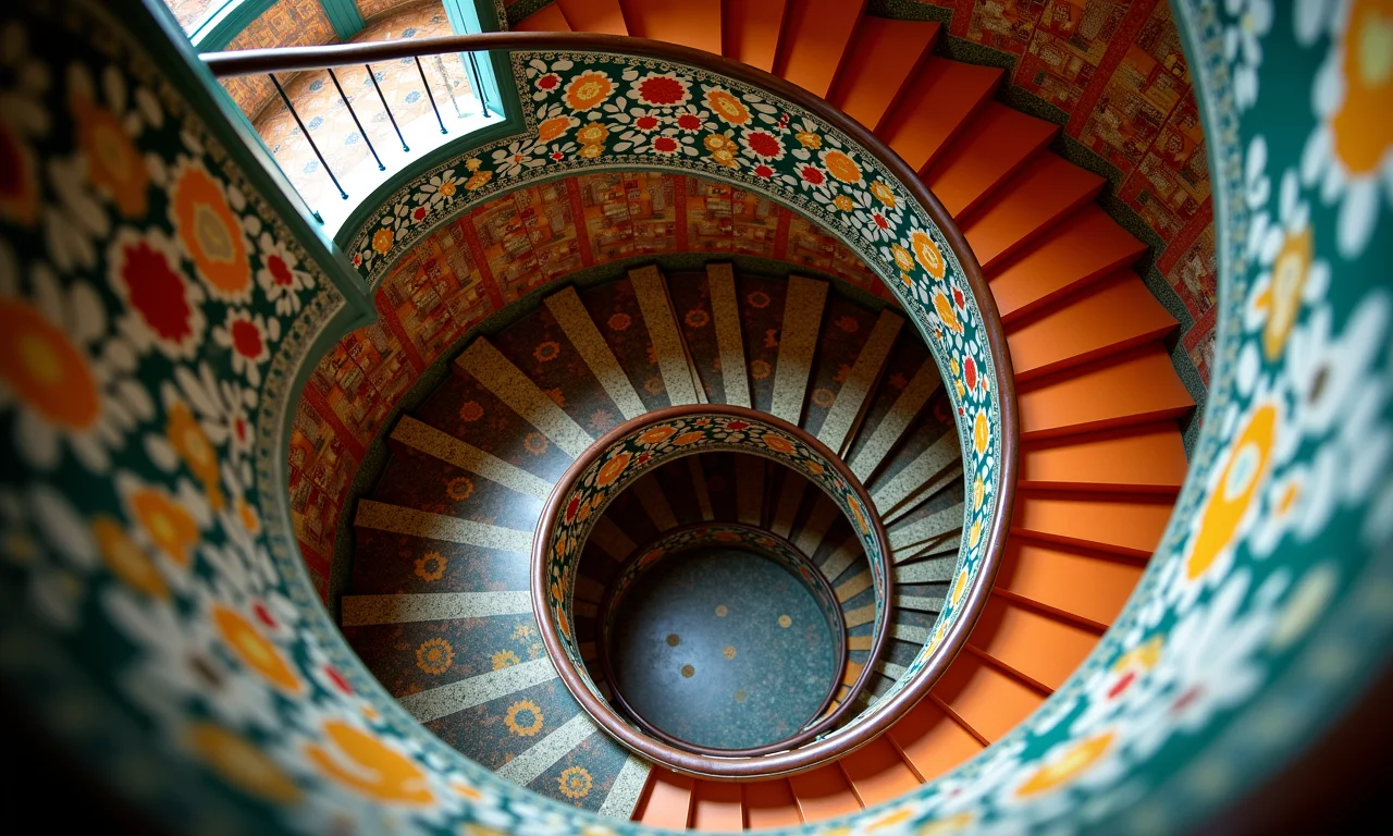 Escada caracol colorida em casa boêmia brasileira, simbolizando um caminho sinuoso.