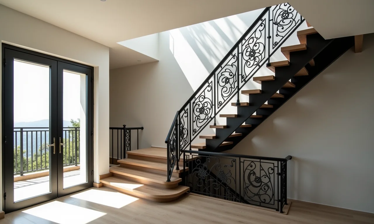 Escada de ferro em apartamento moderno, representando força e resiliência.