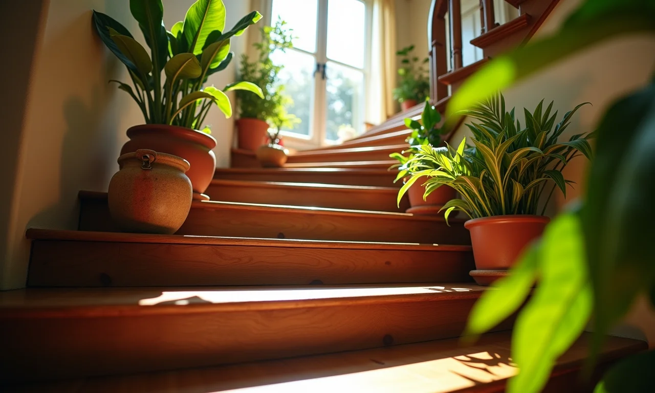 Escada de madeira em casa brasileira com luz natural e plantas.