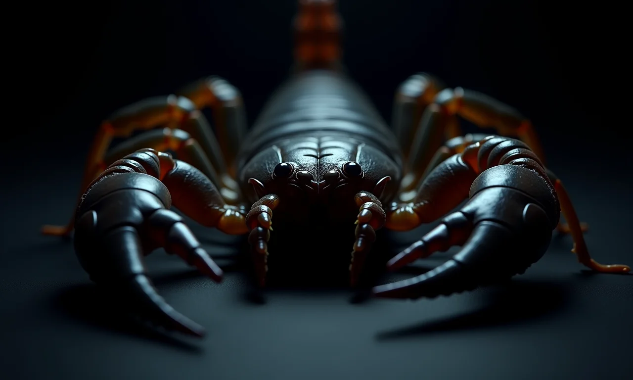 Escorpião preto em close-up, com detalhes nítidos e aparência ameaçadora.