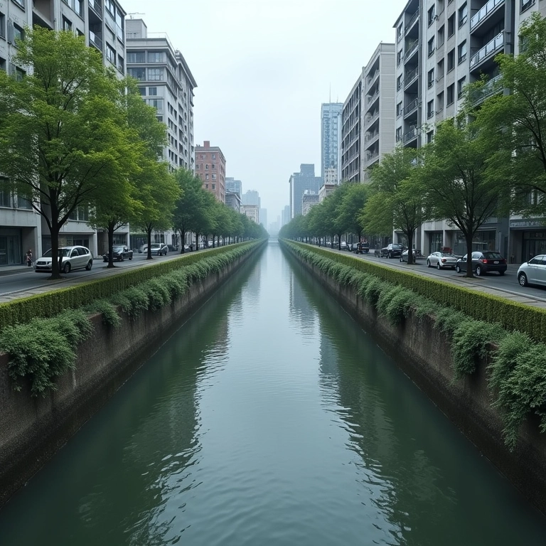 Esgoto a céu aberto em área urbana, água poluída e cena realista.