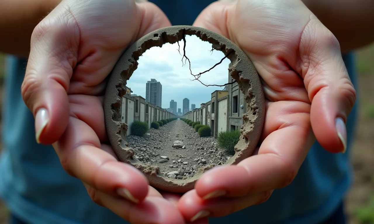 Espelho rachado refletindo ruínas, simbolizando transformação.