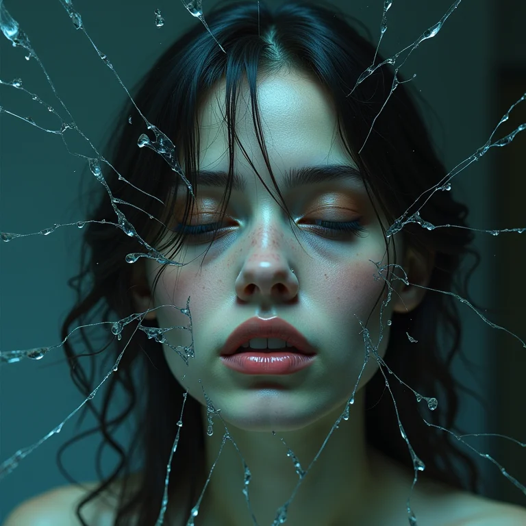 Espelho rachado refletindo um rosto distorcido, simbolizando emoções reprimidas.