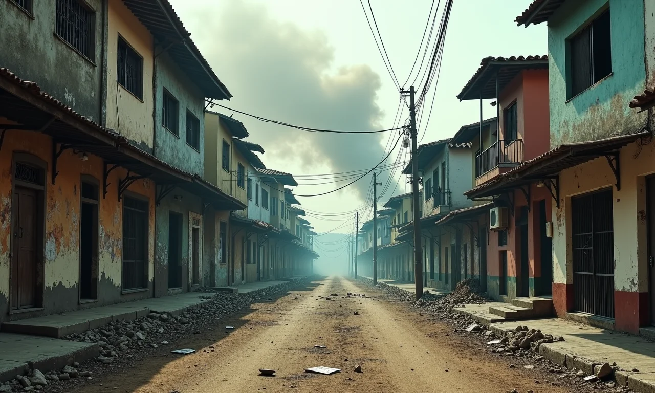 Favela brasileira devastada pela guerra, simbolizando o fim do mundo.