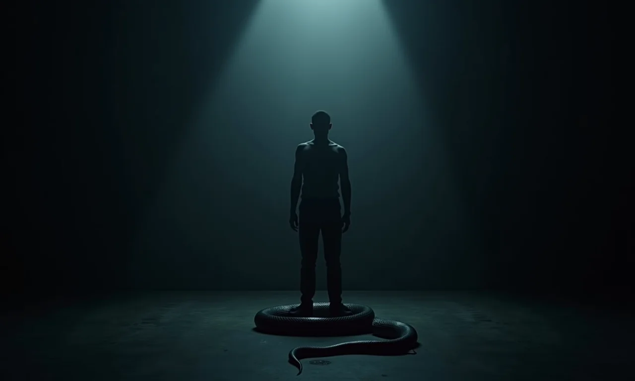 Figura sombria em quarto escuro com cobra preta, representando medos, ansiedades e o lado sombrio da mente.