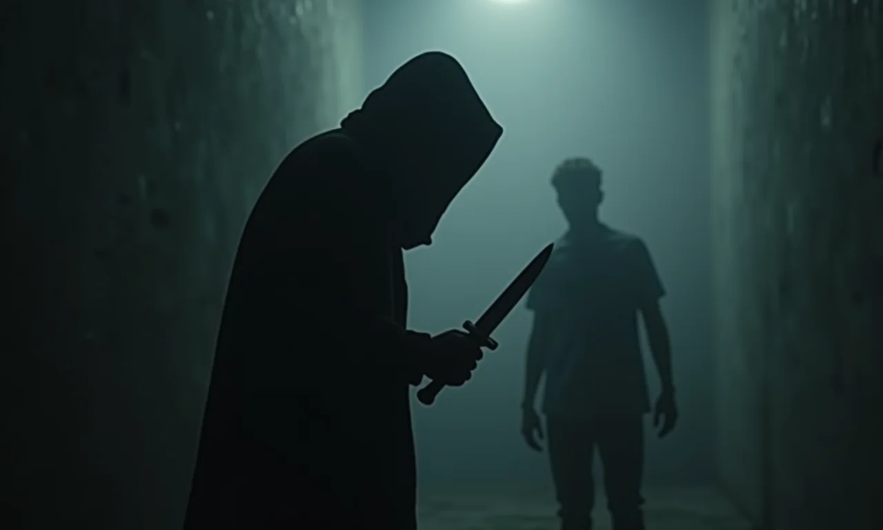 Figura sombria esfaqueando alguém em um sonho.