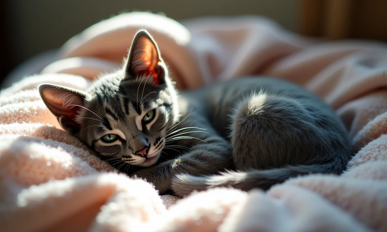 Filhote de gato cinza enrolado em um cobertor aconchegante, representando equilíbrio e sabedoria.