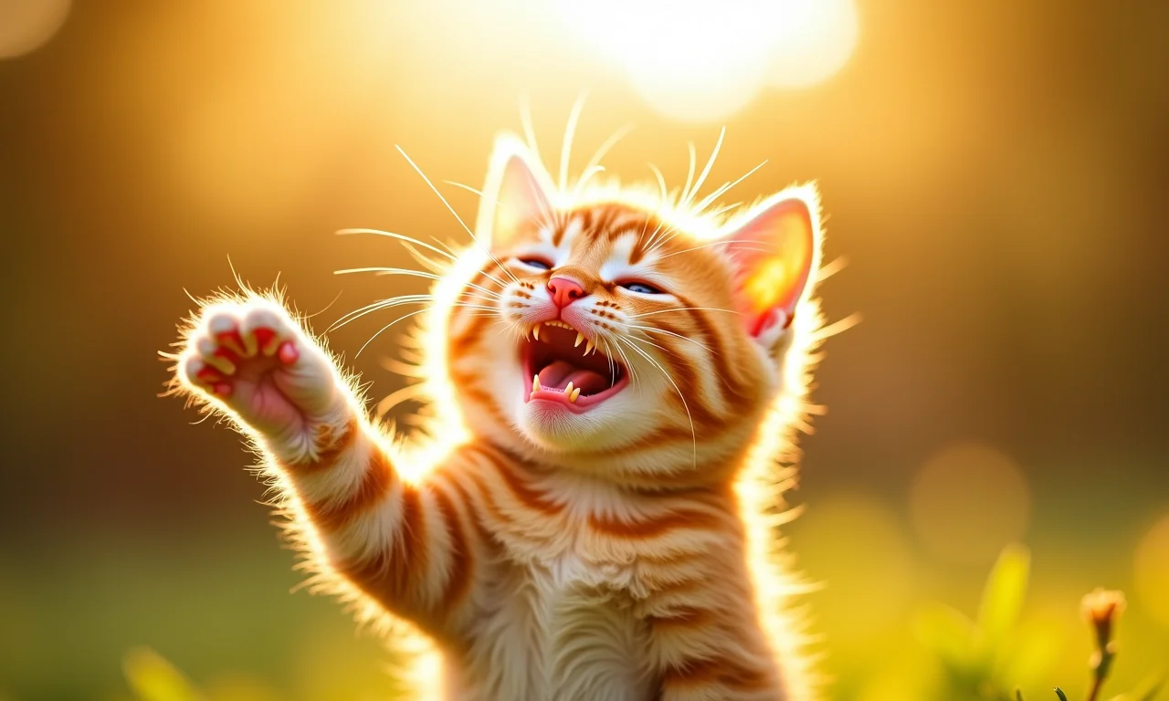Filhote de gato laranja brincalhão interagindo com um raio de sol, irradiando alegria e criatividade.