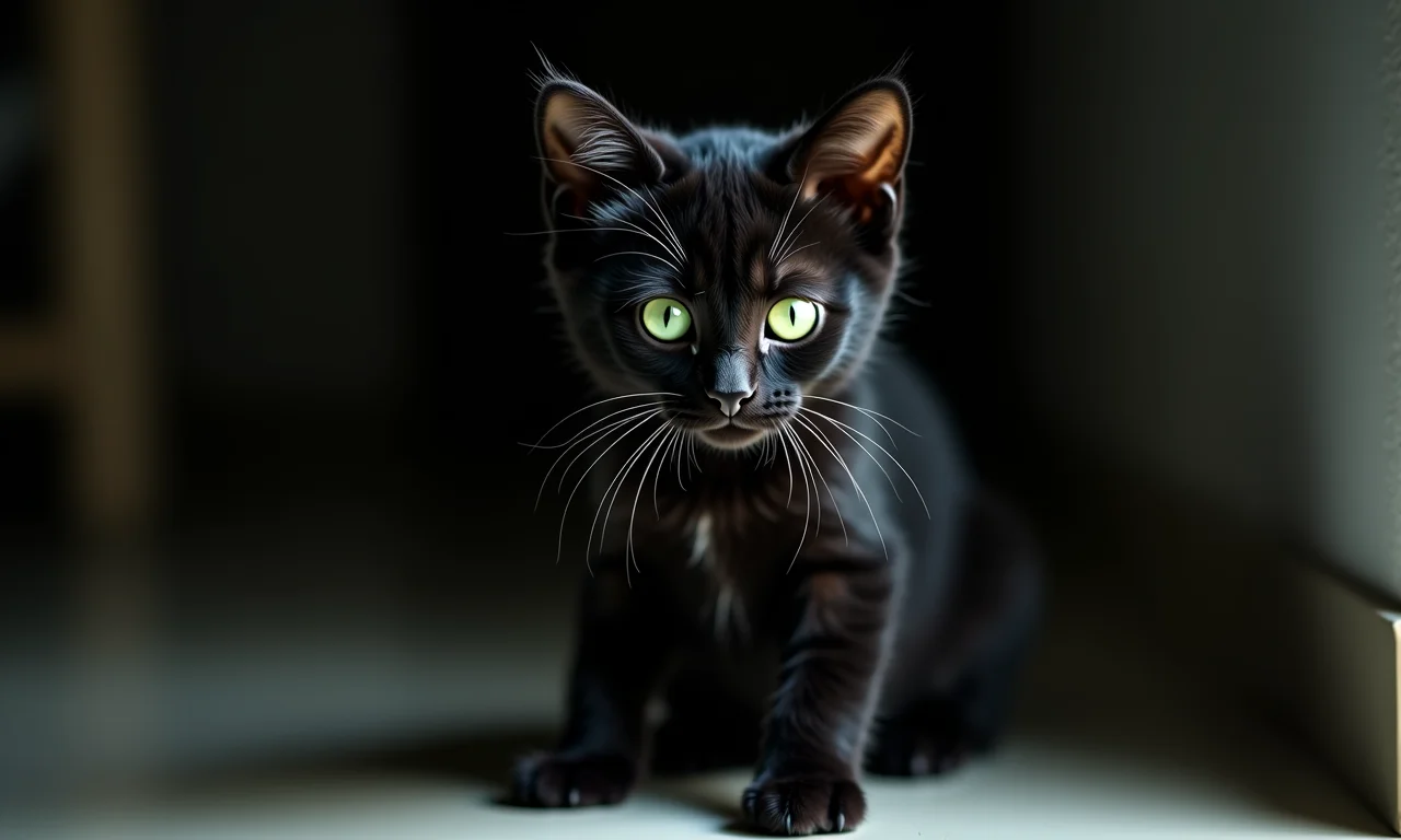 Filhote de gato preto de olhos verdes penetrantes sentado nas sombras, simbolizando mistério e intuição.