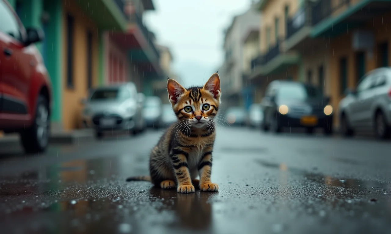 Filhote de gatoListrado abandonado em rua chuvosa de cidade brasileira.