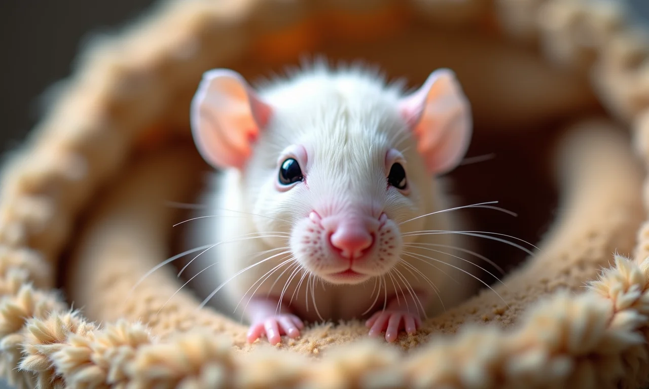 Filhote de rato branco, representando pureza e inocência em sonhos.