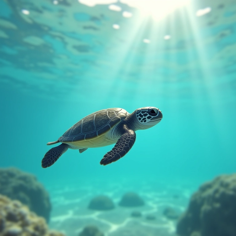 Filhote de tartaruga nadando em águas cristalinas.