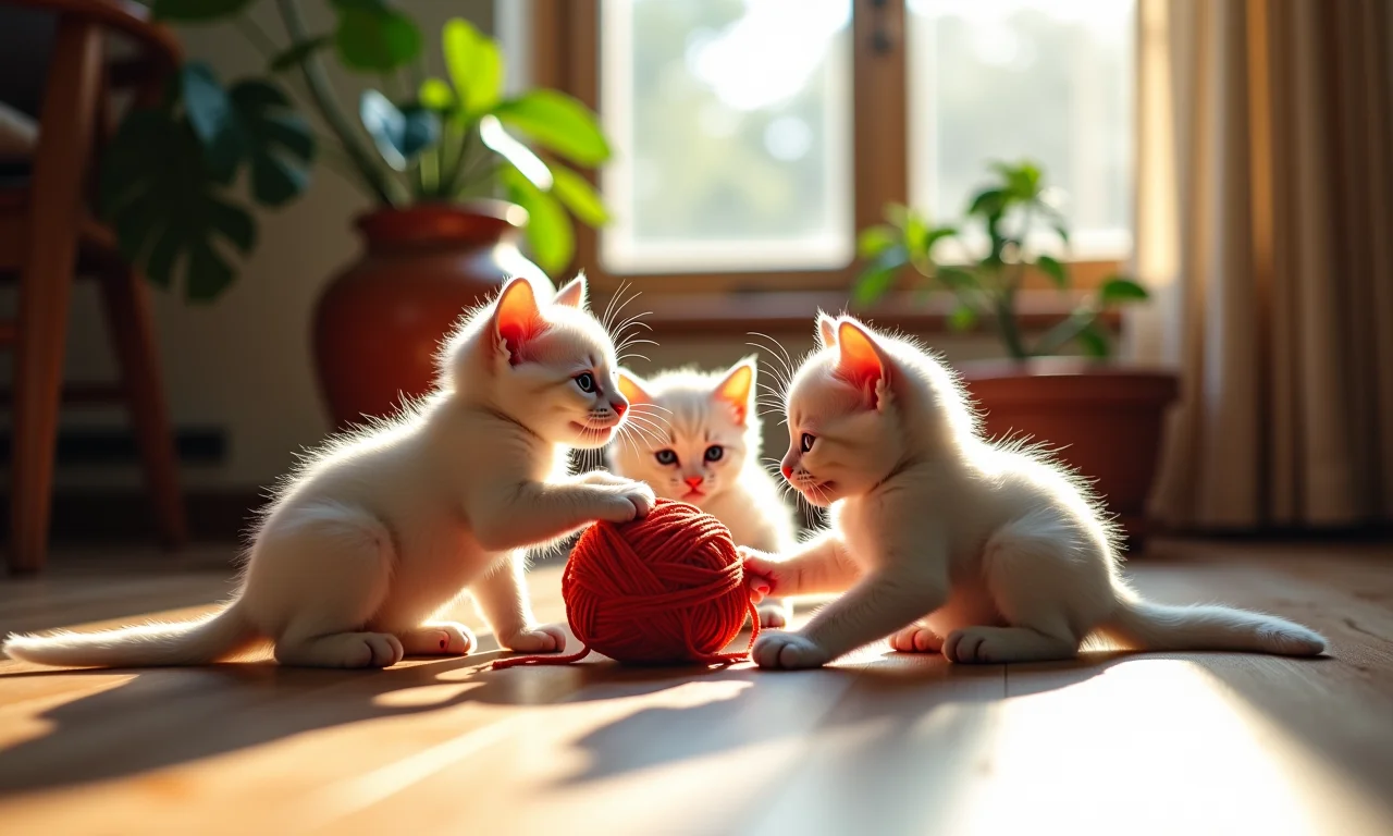 Filhotes brincando com novelo de lã em sala ensolarada com decoração brasileira.