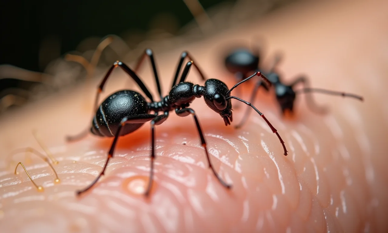 Formigas pretas picando a pele, mostrando a reação e as marcas da picada.