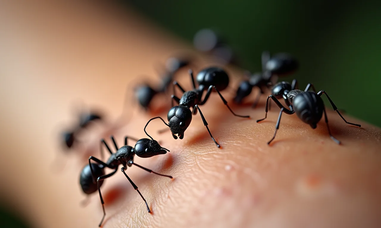 Formigas pretas subindo no braço de uma pessoa. Detalhe da pele e das formigas.