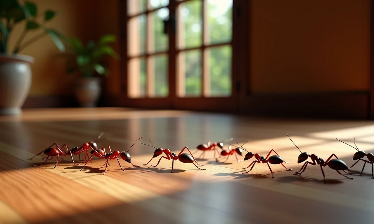 Formigas vermelhas invadindo uma casa com decoração brasileira vibrante.