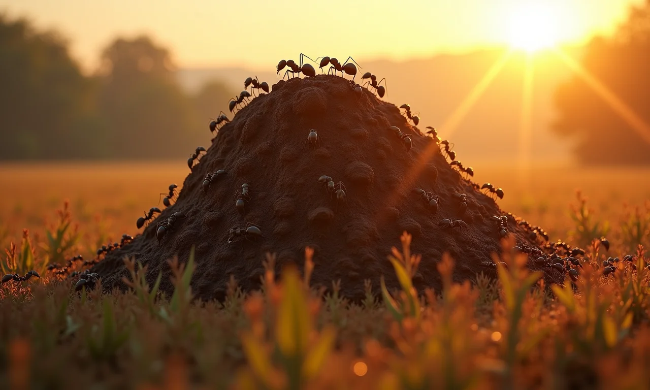 Formigueiro gigante em campo aberto.