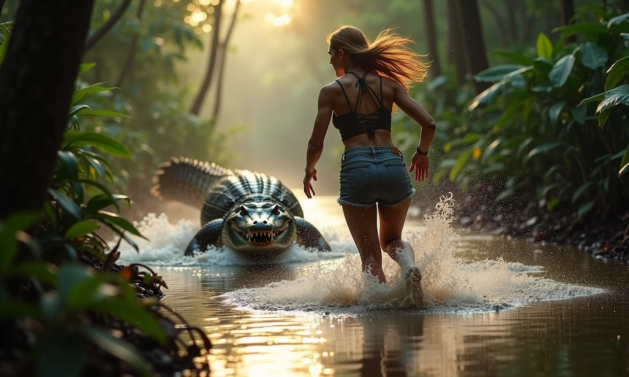 Fuga desesperada de jacaré em sonho, representando superação de obstáculos.