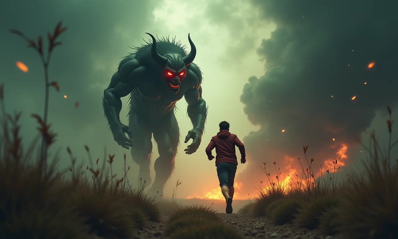 Fuga desesperada: pessoa foge de demônio ameaçador em sonho.
