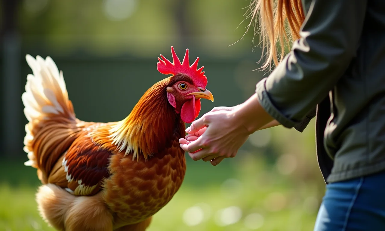 Galinha atacando a mão de uma mulher em quintal.