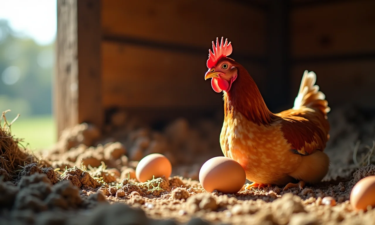 Galinha botando ovo em galinheiro rústico.
