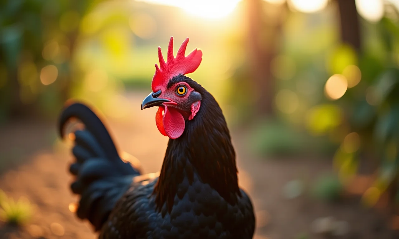 Galinha preta em fazenda brasileira iluminada pelo sol.