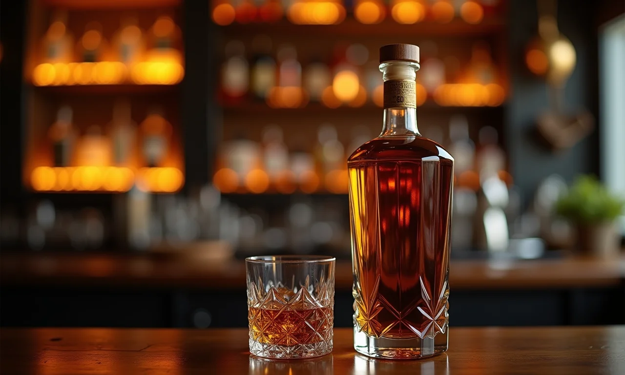 Garrafa de whisky elegante em um bar vintage, representando oportunidades e celebração.