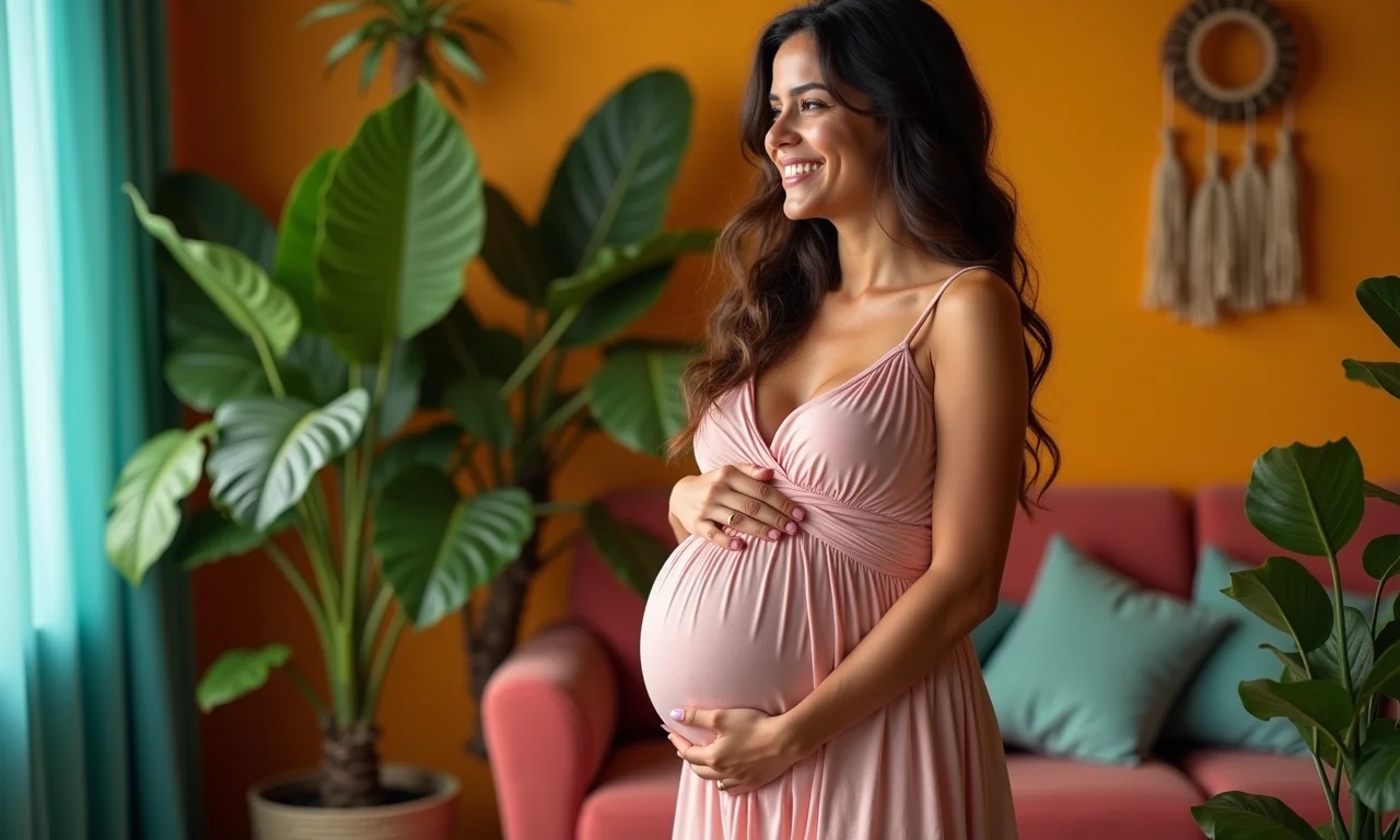 Gestante brasileira sorrindo em seu lar vibrante, simbolizando novos começos.