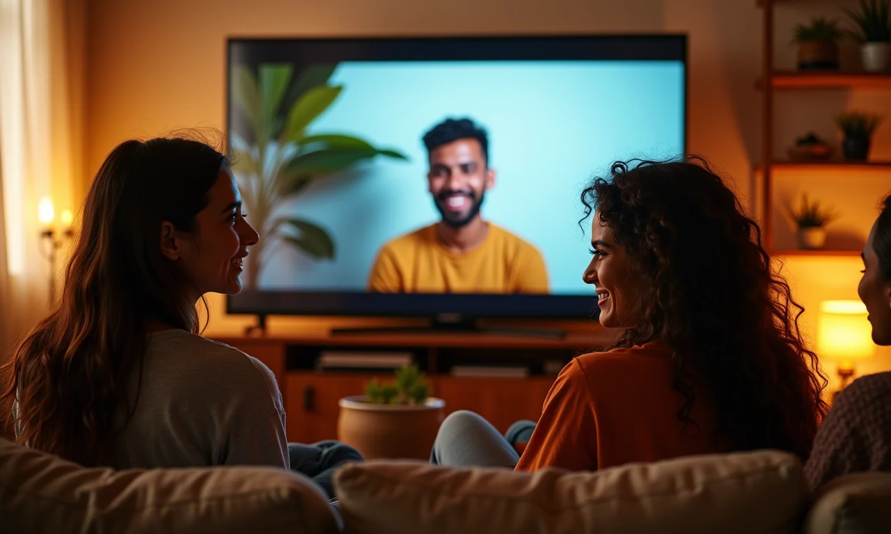 Grupo assistindo Youtuber famoso em sala decorada com arte brasileira.