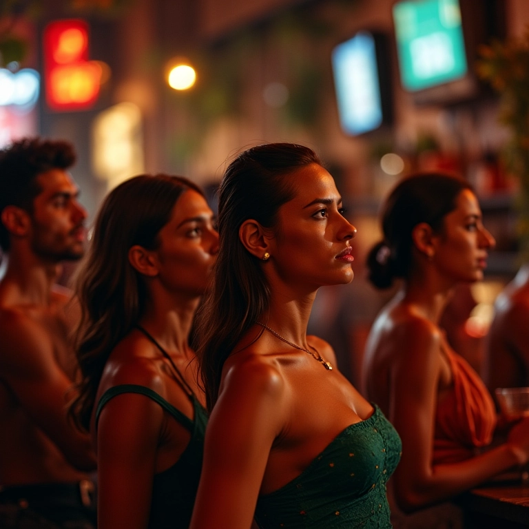 Grupo de amigos com semblantes tristes em bar brasileiro, separados por distância física.