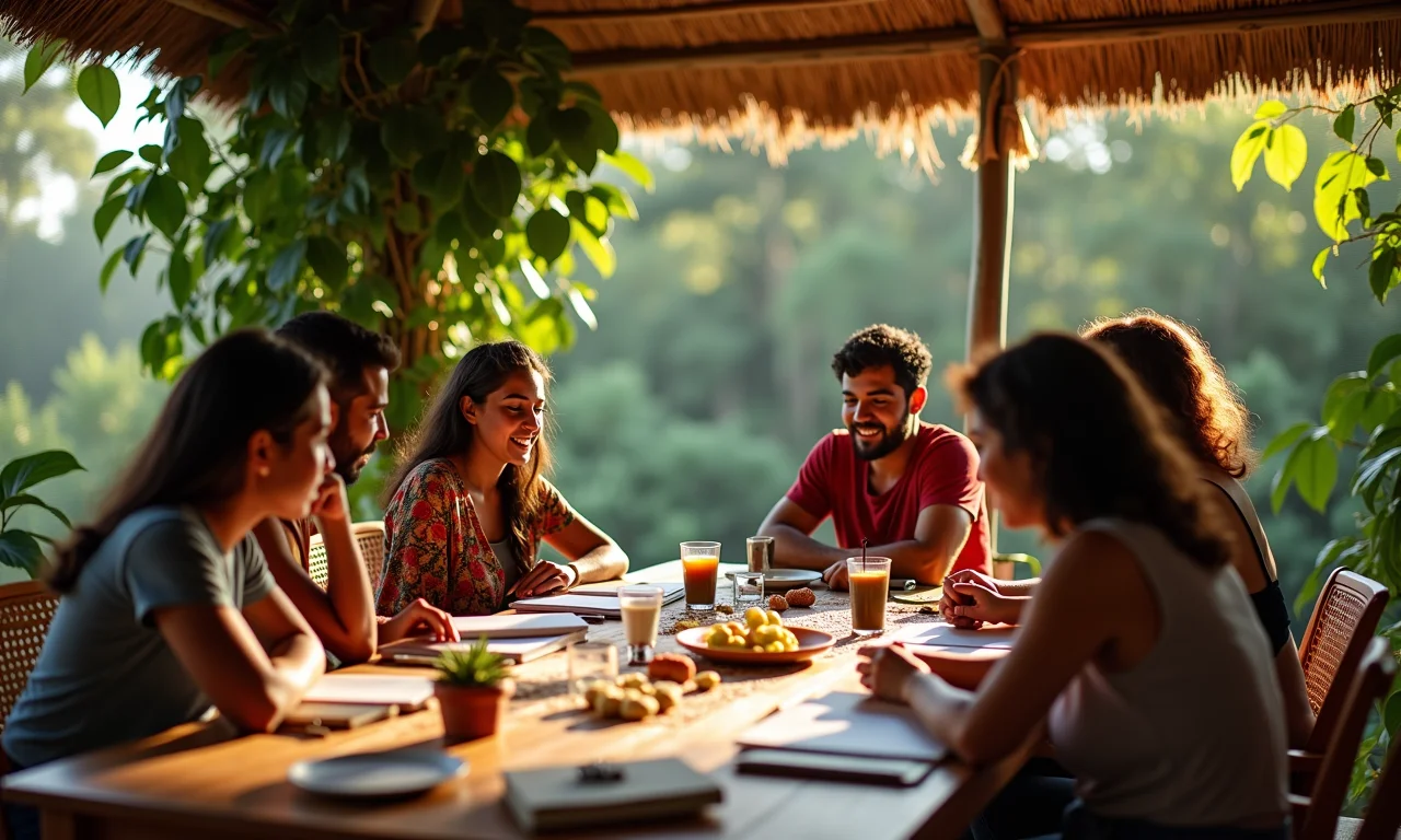 Grupo de brasileiros em roda de conversa analisando seus sonhos em cadernos coloridos.