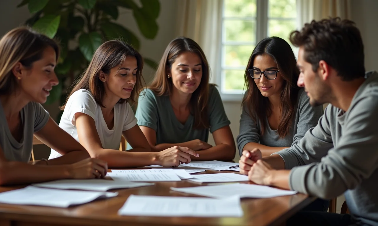 Grupo de pessoas dividindo herança com expressões neutras em sala de estar realista.