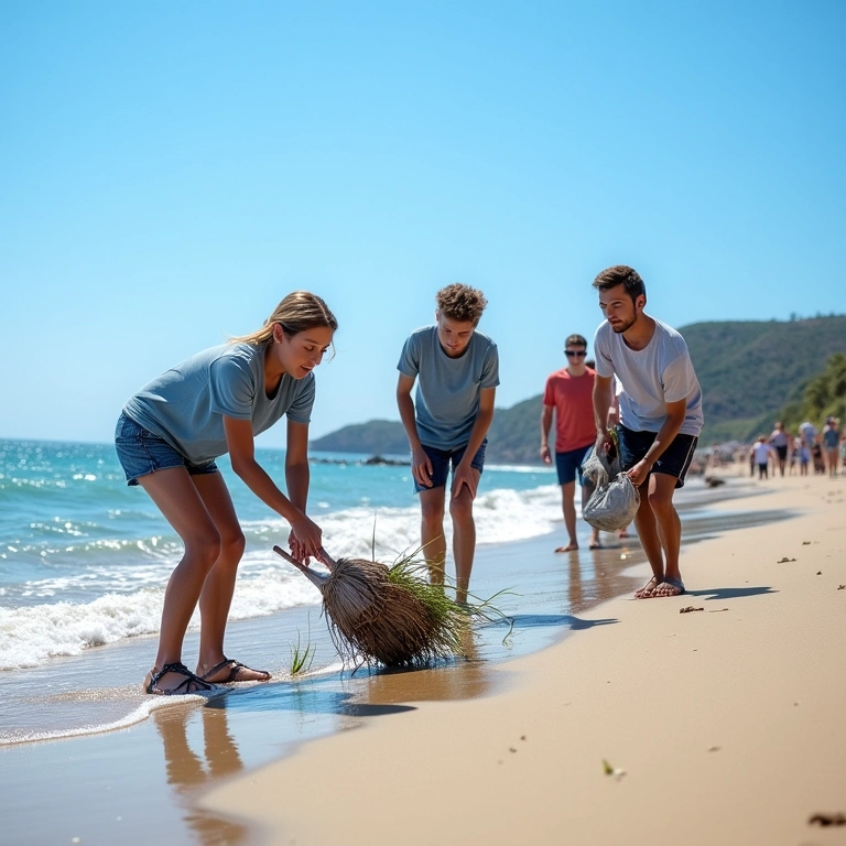 Grupo de pessoas limpando uma praia, representando um sonho de limpeza e responsabilidade.