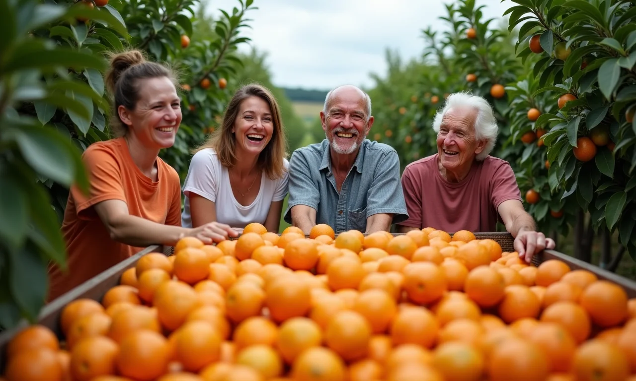 Grupo diverso colhendo laranjas em um pomar.