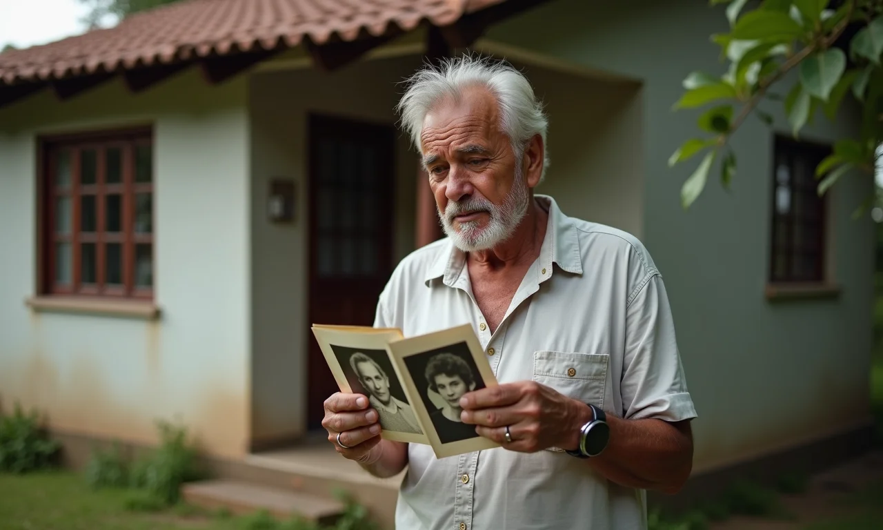 Homem brasileiro contemplativo com fotos antigas, lembrando herança de pessoa falecida.
