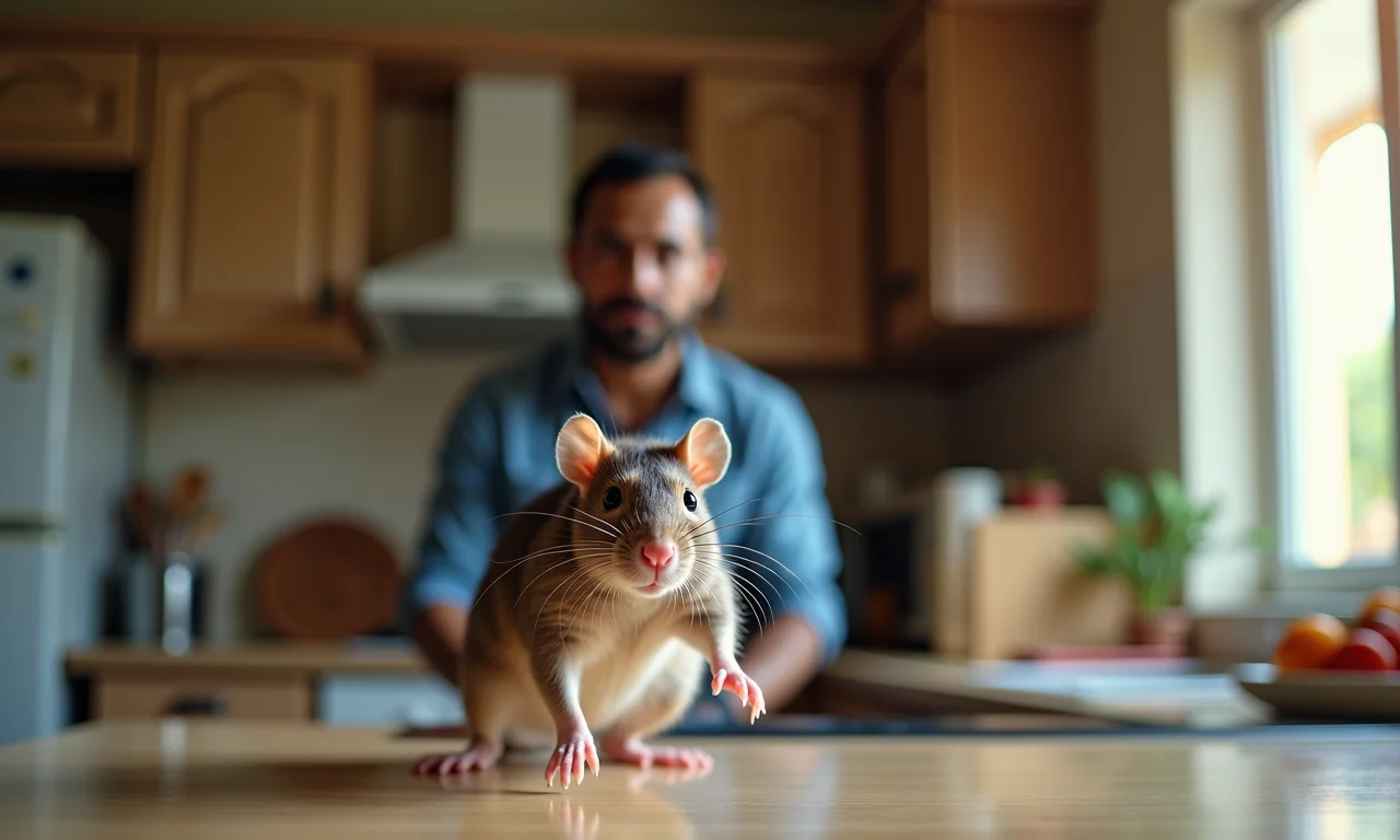 Homem brasileiro observa rato correndo em sua direção na cozinha.