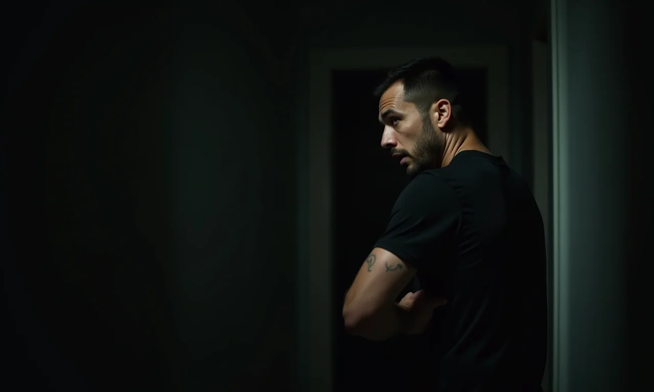 Homem chocado ao ser esfaqueado pelas costas em sonho.