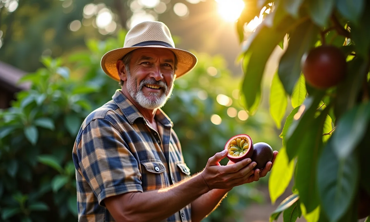 Homem colhendo maracujás maduros em um jardim ensolarado.