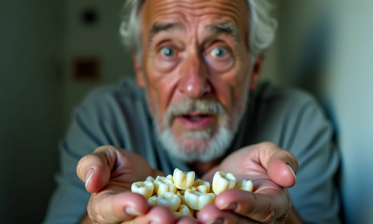 Homem idoso chocado com dentes quebrados na mão.