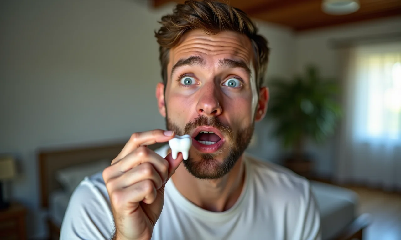 Homem jovem segurando um dente quebrado na mão.