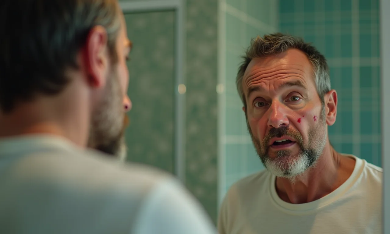 Homem observando sangramento no nariz em frente ao espelho do banheiro.