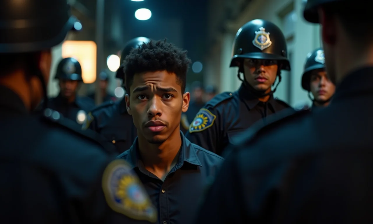 Homem sendo preso pela polícia, expressando ansiedade e medo.