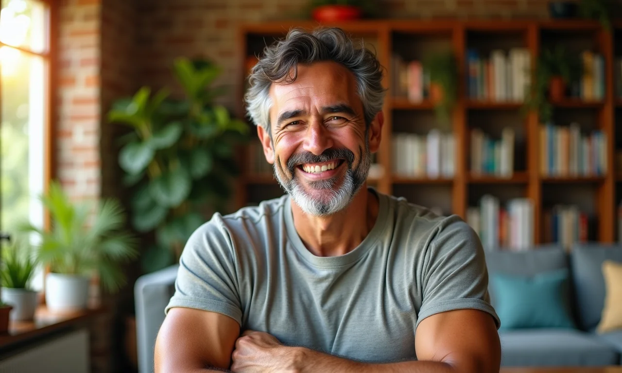 Homem sorrindo em sala iluminada e colorida, transmitindo alegria.